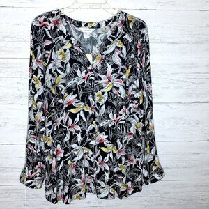 NEW C.J. Banks Black & White Floral Print Shirt Button Front Long Sleeves 1X